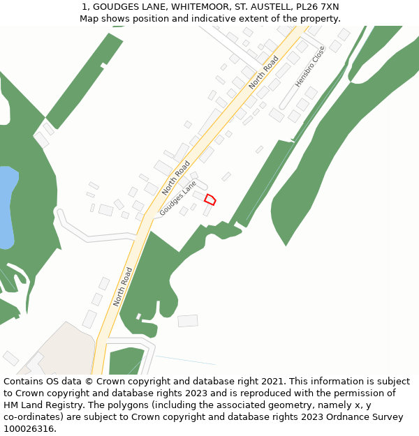 1, GOUDGES LANE, WHITEMOOR, ST. AUSTELL, PL26 7XN: Location map and indicative extent of plot