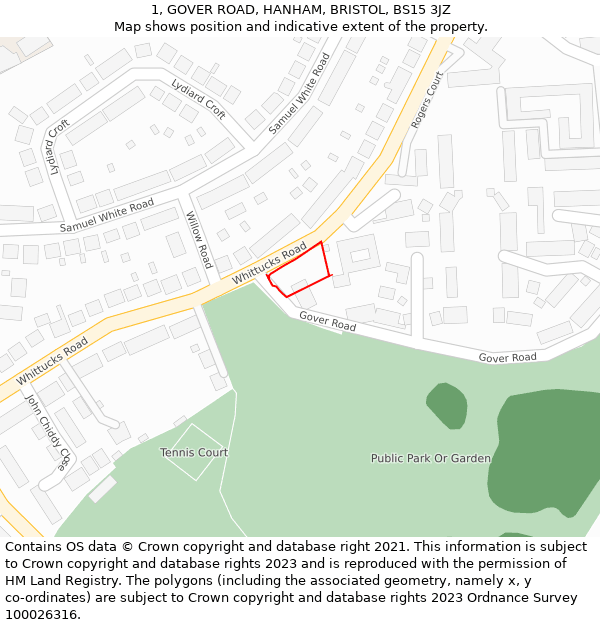 1, GOVER ROAD, HANHAM, BRISTOL, BS15 3JZ: Location map and indicative extent of plot