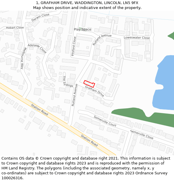 1, GRAFHAM DRIVE, WADDINGTON, LINCOLN, LN5 9FX: Location map and indicative extent of plot