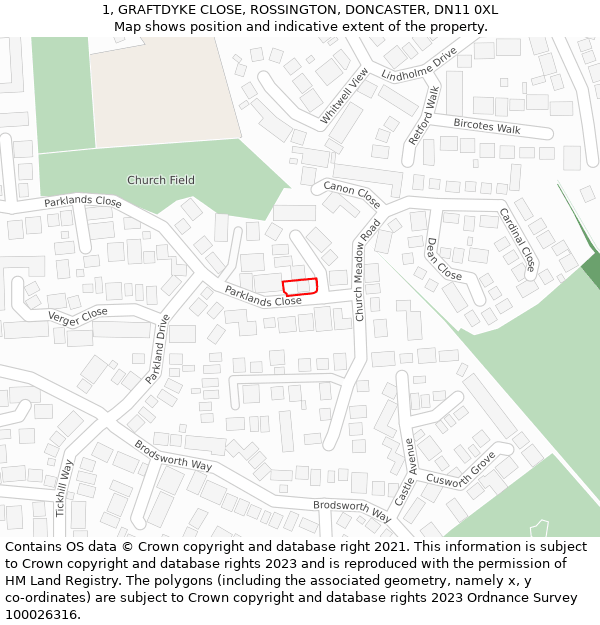 1, GRAFTDYKE CLOSE, ROSSINGTON, DONCASTER, DN11 0XL: Location map and indicative extent of plot