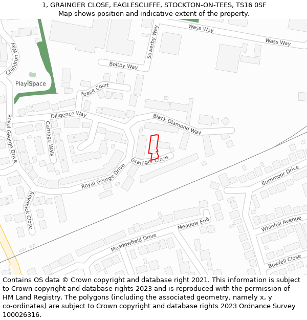 1, GRAINGER CLOSE, EAGLESCLIFFE, STOCKTON-ON-TEES, TS16 0SF: Location map and indicative extent of plot