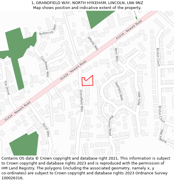 1, GRANDFIELD WAY, NORTH HYKEHAM, LINCOLN, LN6 9NZ: Location map and indicative extent of plot