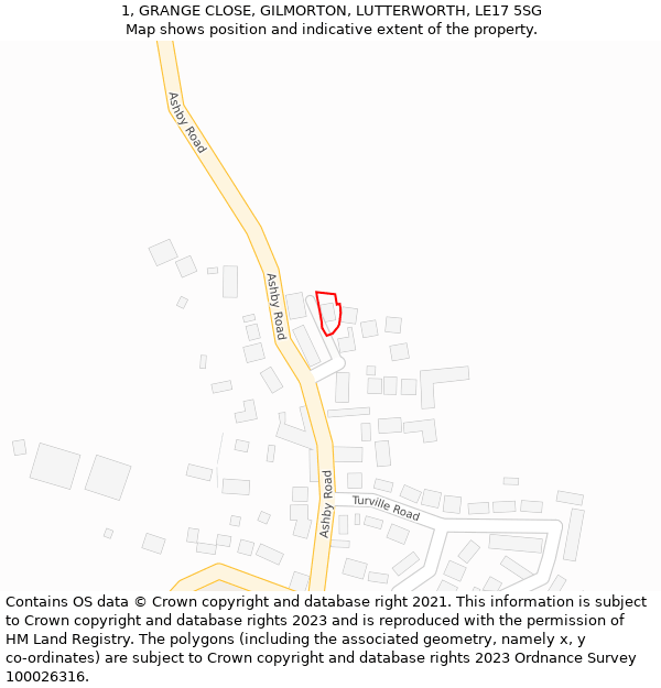 1, GRANGE CLOSE, GILMORTON, LUTTERWORTH, LE17 5SG: Location map and indicative extent of plot