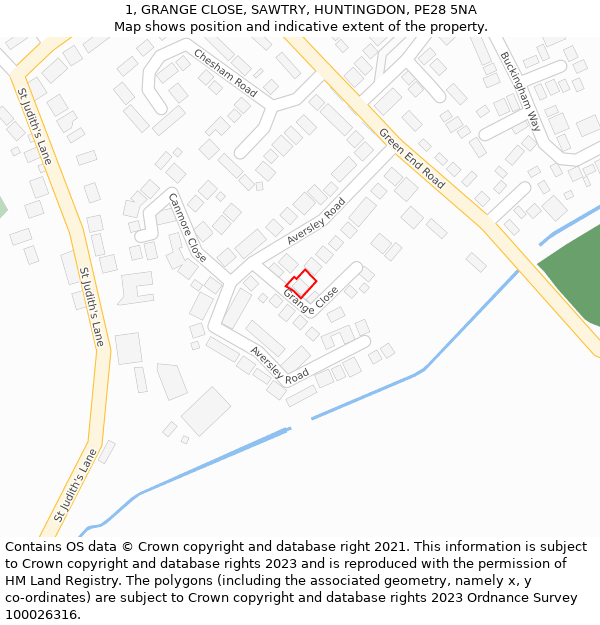 1, GRANGE CLOSE, SAWTRY, HUNTINGDON, PE28 5NA: Location map and indicative extent of plot