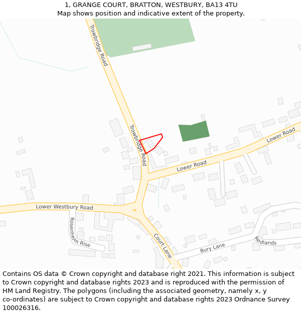 1, GRANGE COURT, BRATTON, WESTBURY, BA13 4TU: Location map and indicative extent of plot