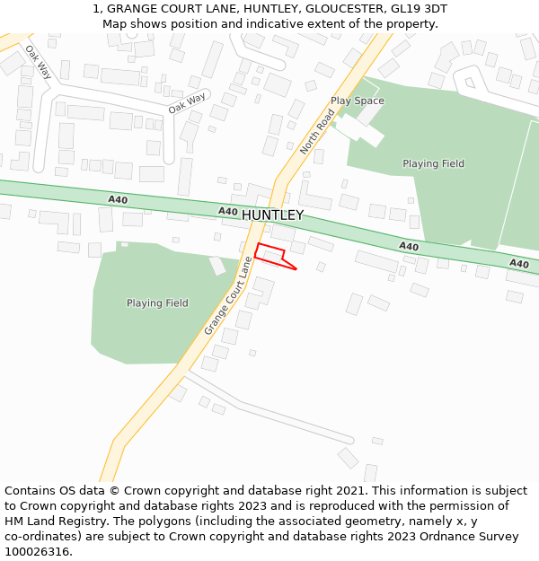 1, GRANGE COURT LANE, HUNTLEY, GLOUCESTER, GL19 3DT: Location map and indicative extent of plot