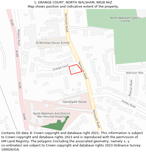 1, GRANGE COURT, NORTH WALSHAM, NR28 9AZ: Location map and indicative extent of plot