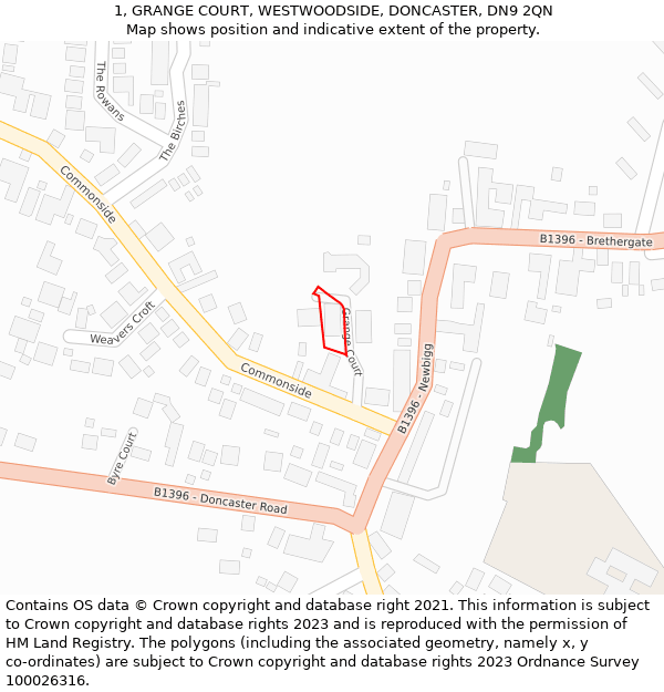 1, GRANGE COURT, WESTWOODSIDE, DONCASTER, DN9 2QN: Location map and indicative extent of plot