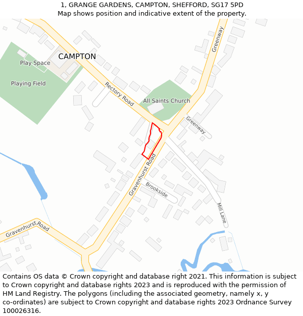 1, GRANGE GARDENS, CAMPTON, SHEFFORD, SG17 5PD: Location map and indicative extent of plot