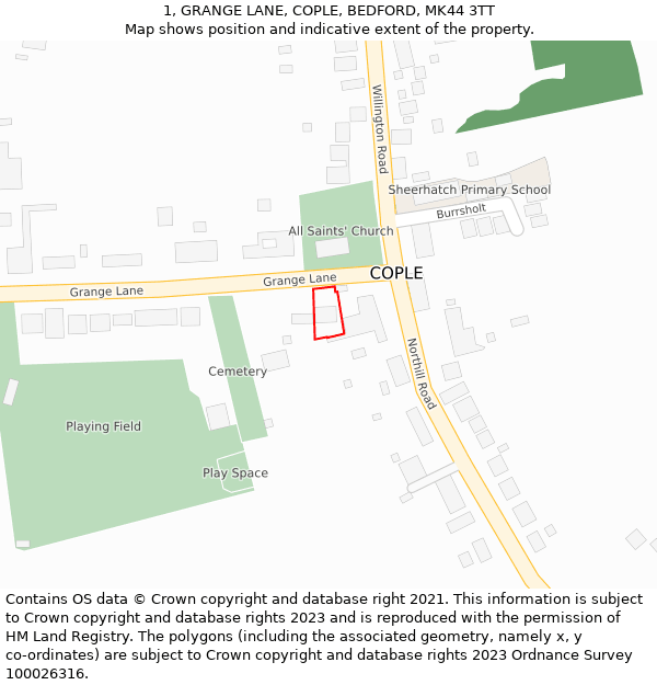 1, GRANGE LANE, COPLE, BEDFORD, MK44 3TT: Location map and indicative extent of plot