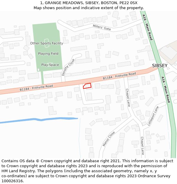 1, GRANGE MEADOWS, SIBSEY, BOSTON, PE22 0SX: Location map and indicative extent of plot