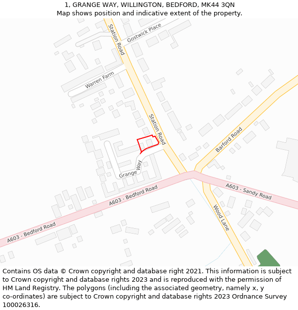 1, GRANGE WAY, WILLINGTON, BEDFORD, MK44 3QN: Location map and indicative extent of plot