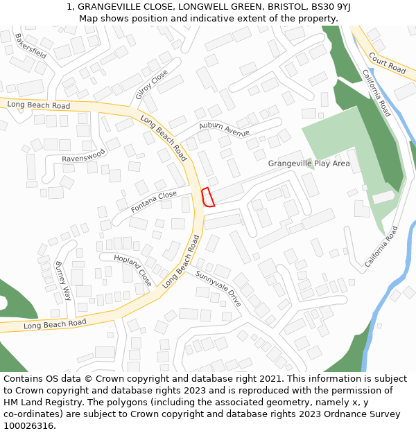 1, GRANGEVILLE CLOSE, LONGWELL GREEN, BRISTOL, BS30 9YJ: Location map and indicative extent of plot