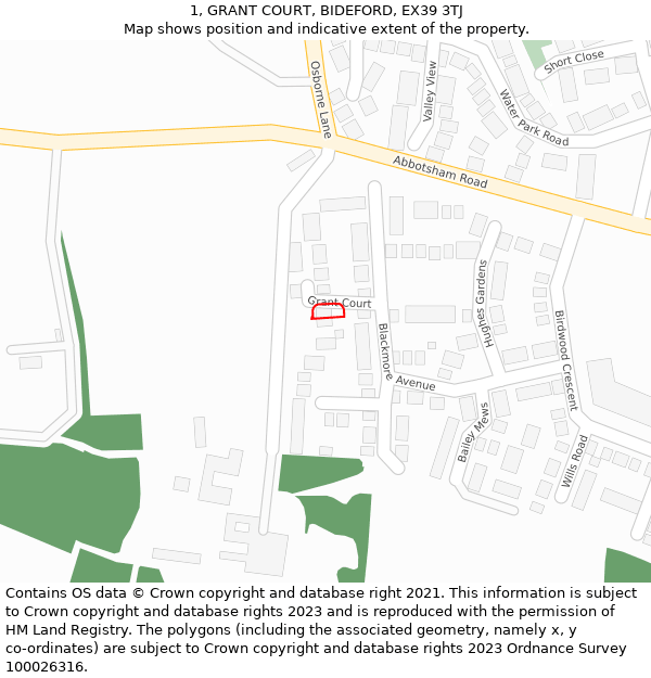 1, GRANT COURT, BIDEFORD, EX39 3TJ: Location map and indicative extent of plot