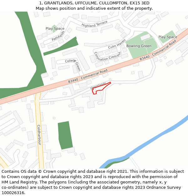 1, GRANTLANDS, UFFCULME, CULLOMPTON, EX15 3ED: Location map and indicative extent of plot