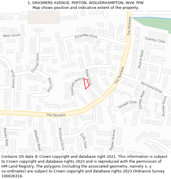 1, GRASMERE AVENUE, PERTON, WOLVERHAMPTON, WV6 7PW: Location map and indicative extent of plot