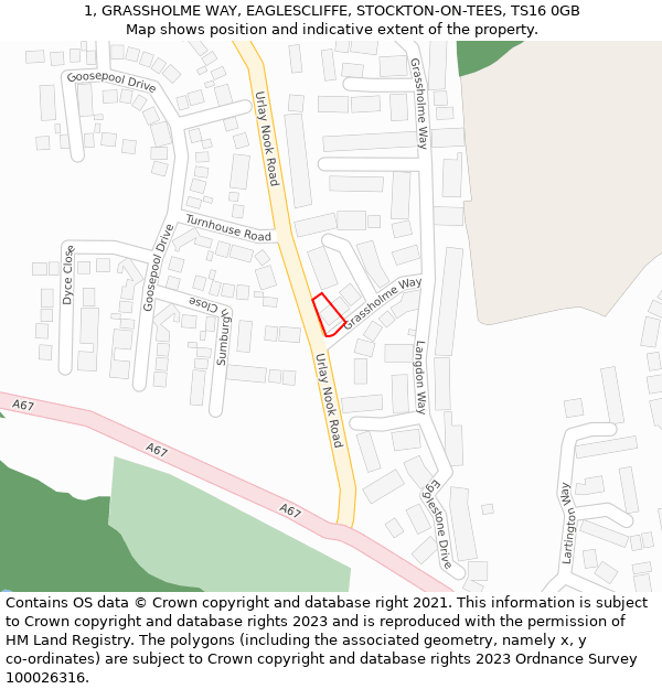 1, GRASSHOLME WAY, EAGLESCLIFFE, STOCKTON-ON-TEES, TS16 0GB: Location map and indicative extent of plot