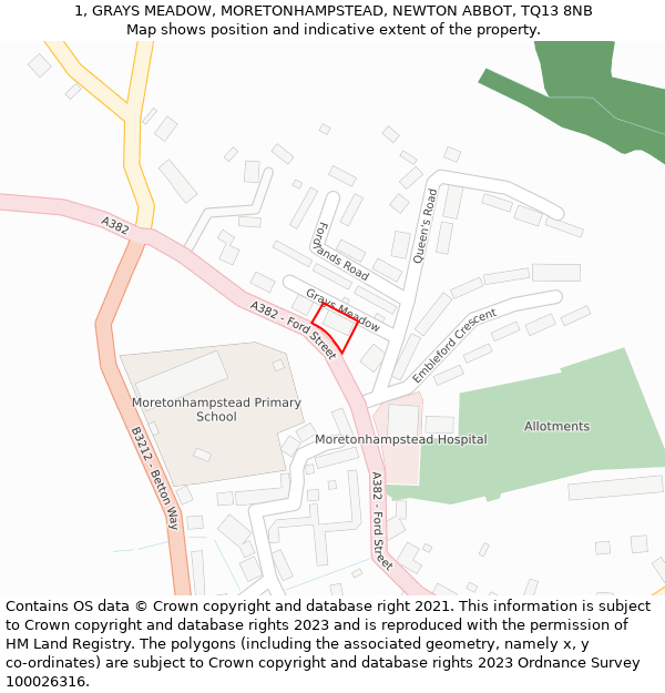 1, GRAYS MEADOW, MORETONHAMPSTEAD, NEWTON ABBOT, TQ13 8NB: Location map and indicative extent of plot