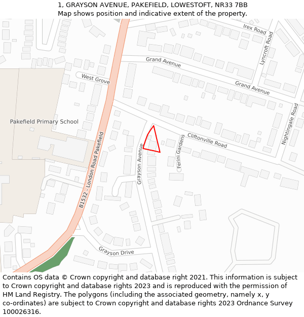 1, GRAYSON AVENUE, PAKEFIELD, LOWESTOFT, NR33 7BB: Location map and indicative extent of plot