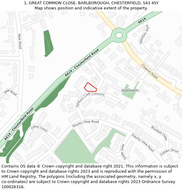 1, GREAT COMMON CLOSE, BARLBOROUGH, CHESTERFIELD, S43 4SY: Location map and indicative extent of plot