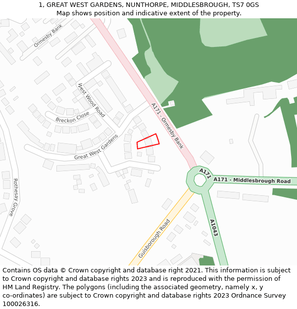 1, GREAT WEST GARDENS, NUNTHORPE, MIDDLESBROUGH, TS7 0GS: Location map and indicative extent of plot