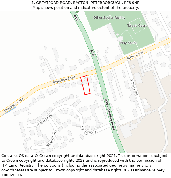 1, GREATFORD ROAD, BASTON, PETERBOROUGH, PE6 9NR: Location map and indicative extent of plot