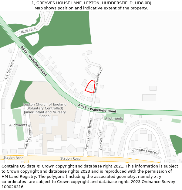 1, GREAVES HOUSE LANE, LEPTON, HUDDERSFIELD, HD8 0DJ: Location map and indicative extent of plot