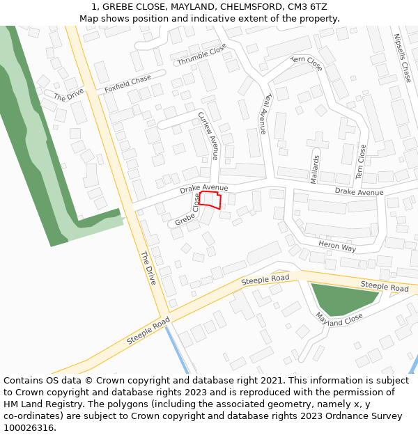 1, GREBE CLOSE, MAYLAND, CHELMSFORD, CM3 6TZ: Location map and indicative extent of plot