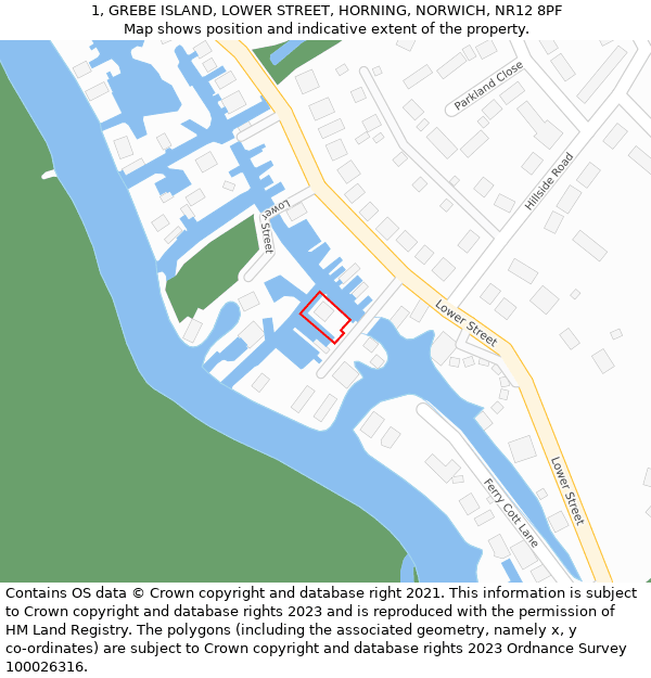 1, GREBE ISLAND, LOWER STREET, HORNING, NORWICH, NR12 8PF: Location map and indicative extent of plot