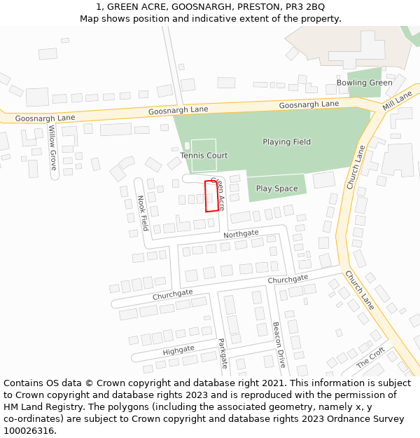 1, GREEN ACRE, GOOSNARGH, PRESTON, PR3 2BQ: Location map and indicative extent of plot