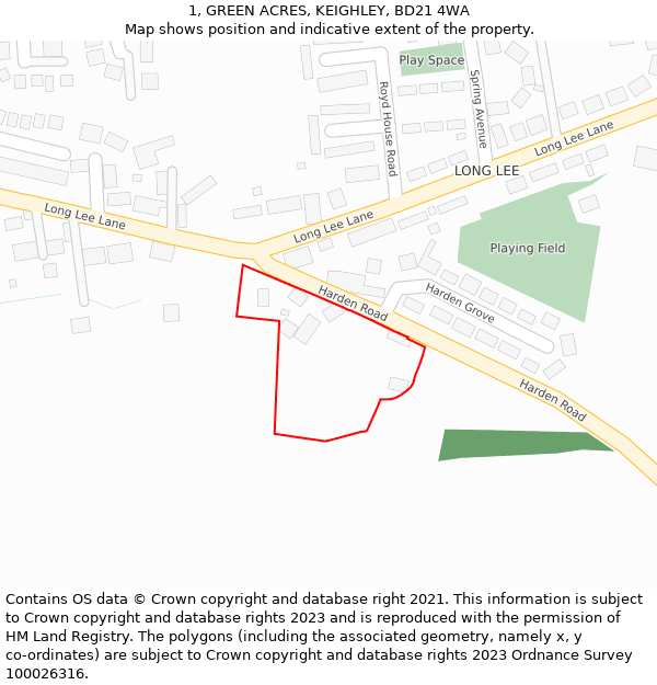 1, GREEN ACRES, KEIGHLEY, BD21 4WA: Location map and indicative extent of plot