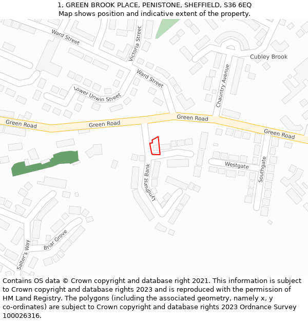 1, GREEN BROOK PLACE, PENISTONE, SHEFFIELD, S36 6EQ: Location map and indicative extent of plot
