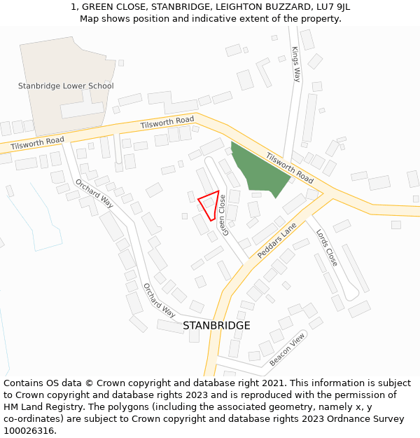 1, GREEN CLOSE, STANBRIDGE, LEIGHTON BUZZARD, LU7 9JL: Location map and indicative extent of plot