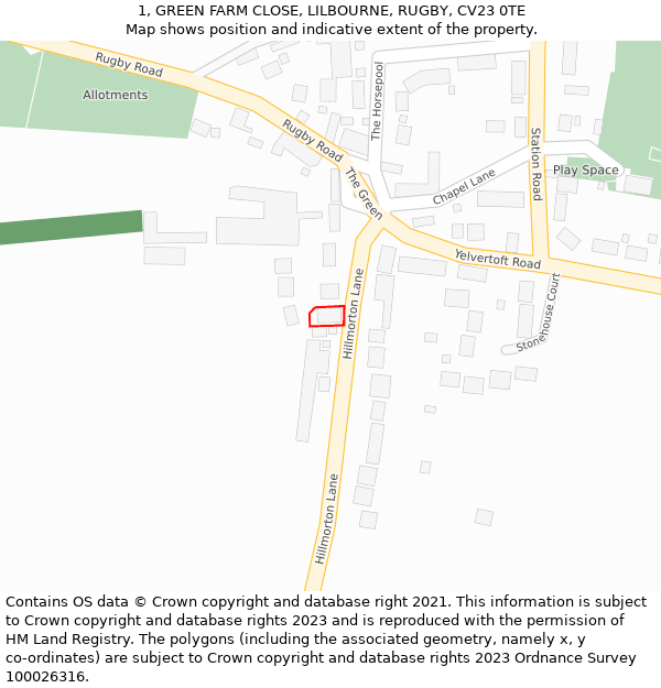 1, GREEN FARM CLOSE, LILBOURNE, RUGBY, CV23 0TE: Location map and indicative extent of plot