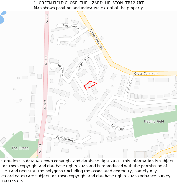 1, GREEN FIELD CLOSE, THE LIZARD, HELSTON, TR12 7RT: Location map and indicative extent of plot
