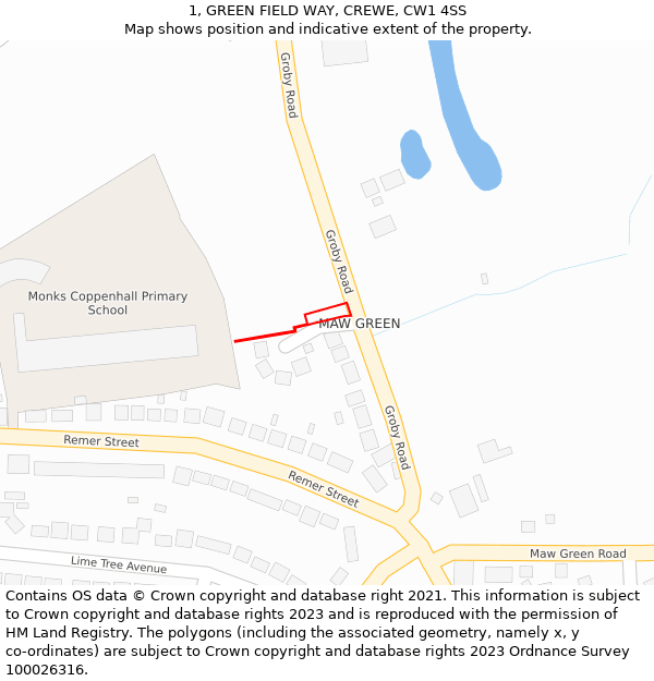 1, GREEN FIELD WAY, CREWE, CW1 4SS: Location map and indicative extent of plot