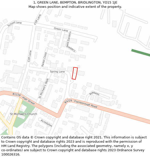 1, GREEN LANE, BEMPTON, BRIDLINGTON, YO15 1JE: Location map and indicative extent of plot