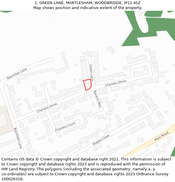 1, GREEN LANE, MARTLESHAM, WOODBRIDGE, IP12 4SZ: Location map and indicative extent of plot