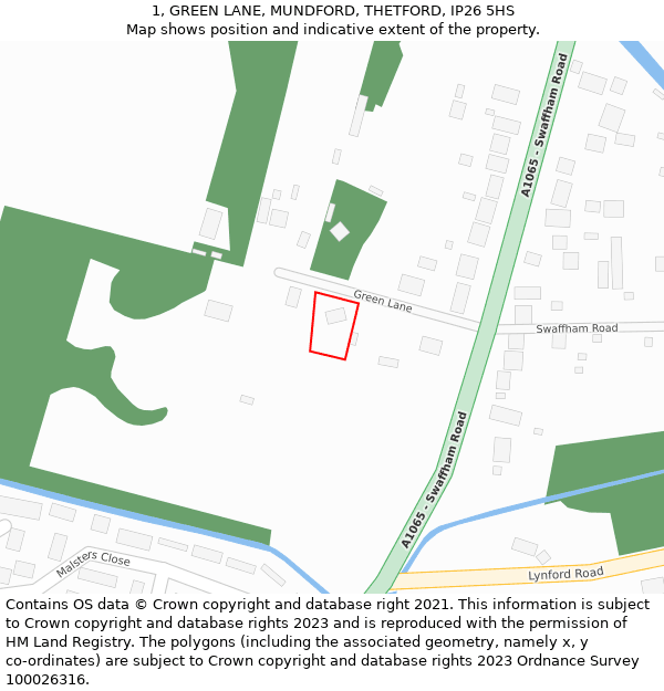 1, GREEN LANE, MUNDFORD, THETFORD, IP26 5HS: Location map and indicative extent of plot