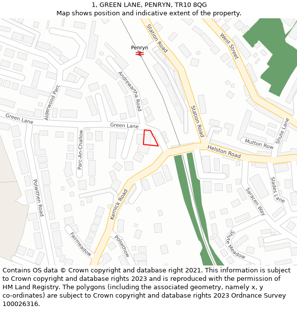 1, GREEN LANE, PENRYN, TR10 8QG: Location map and indicative extent of plot