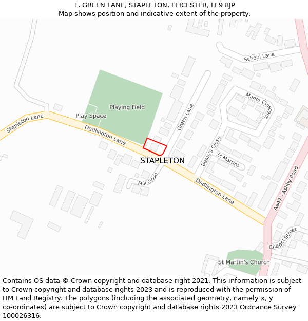 1, GREEN LANE, STAPLETON, LEICESTER, LE9 8JP: Location map and indicative extent of plot