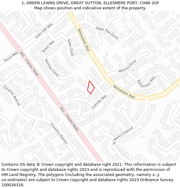 1, GREEN LAWNS DRIVE, GREAT SUTTON, ELLESMERE PORT, CH66 2GF: Location map and indicative extent of plot