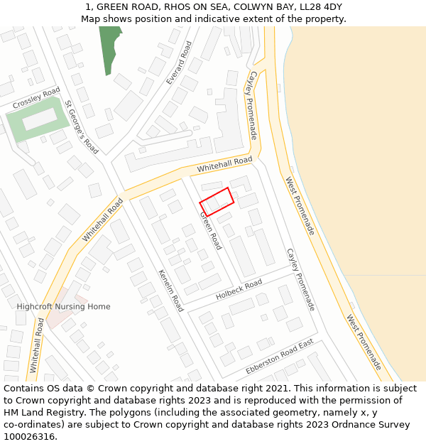 1, GREEN ROAD, RHOS ON SEA, COLWYN BAY, LL28 4DY: Location map and indicative extent of plot