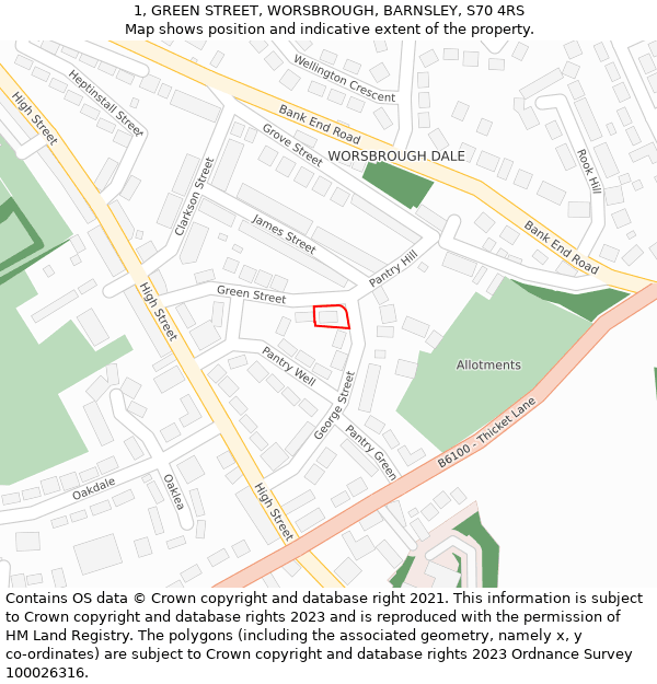 1, GREEN STREET, WORSBROUGH, BARNSLEY, S70 4RS: Location map and indicative extent of plot
