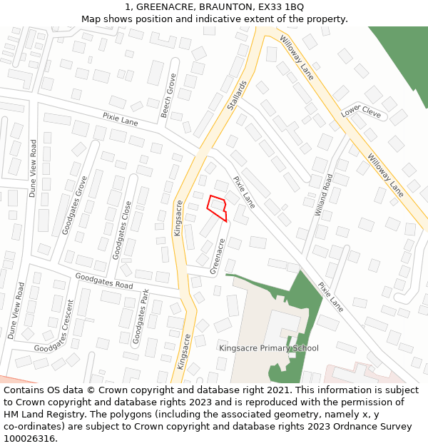 1, GREENACRE, BRAUNTON, EX33 1BQ: Location map and indicative extent of plot