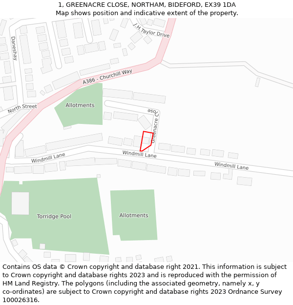 1, GREENACRE CLOSE, NORTHAM, BIDEFORD, EX39 1DA: Location map and indicative extent of plot