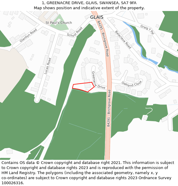 1, GREENACRE DRIVE, GLAIS, SWANSEA, SA7 9FA: Location map and indicative extent of plot