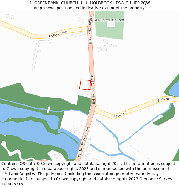 1, GREENBANK, CHURCH HILL, HOLBROOK, IPSWICH, IP9 2QW: Location map and indicative extent of plot