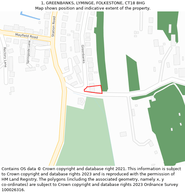 1, GREENBANKS, LYMINGE, FOLKESTONE, CT18 8HG: Location map and indicative extent of plot