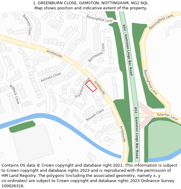 1, GREENBURN CLOSE, GAMSTON, NOTTINGHAM, NG2 6QL: Location map and indicative extent of plot